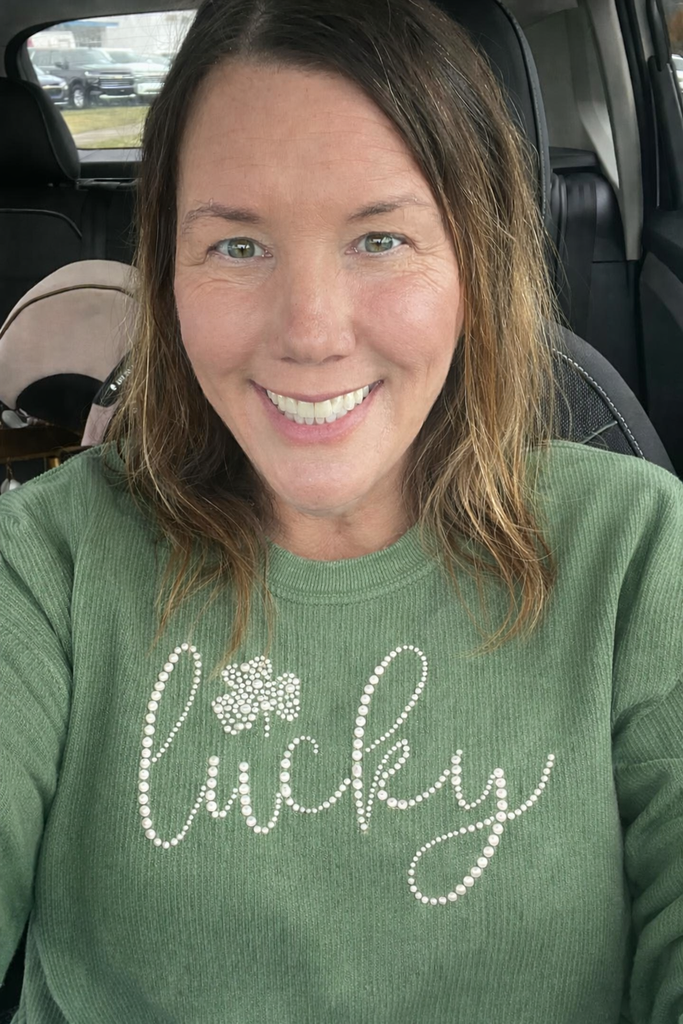 Green Rhinestone lucky Clover Ribbed St Patrick Sweatshirt