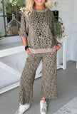 Khaki Jacquard Leopard Half Sleeve Jumper Wide leg set
