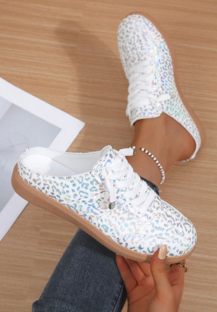 Shiny Leopard Print Lace up Slip on shoes