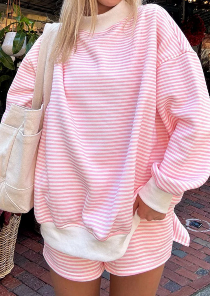 Pink Stripe Oversized Mock Neck
Sweatshirt and Shorts