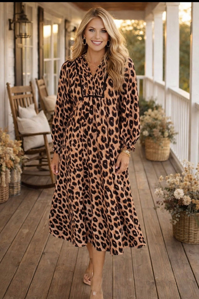 Brown leopard smocked midi dress