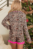 Leopard Print Contrast Trim Long Sleeve Shirt Drawstring Ruffle Hem Short