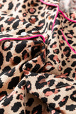 Leopard Print Contrast Trim Long Sleeve Shirt Drawstring Ruffle Hem Short