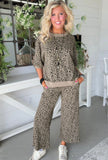 Khaki Jacquard Leopard Half Sleeve Jumper Wide leg set