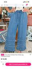 Dusk Blue Ruffled Hem Wide Leg Chambray Pants