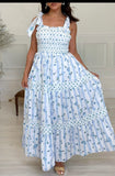 Sky Blue Floral Smocked Tied Straps A-Lined Tiered Maxi Dress