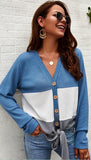 Waffle weave button down color block knot shirt